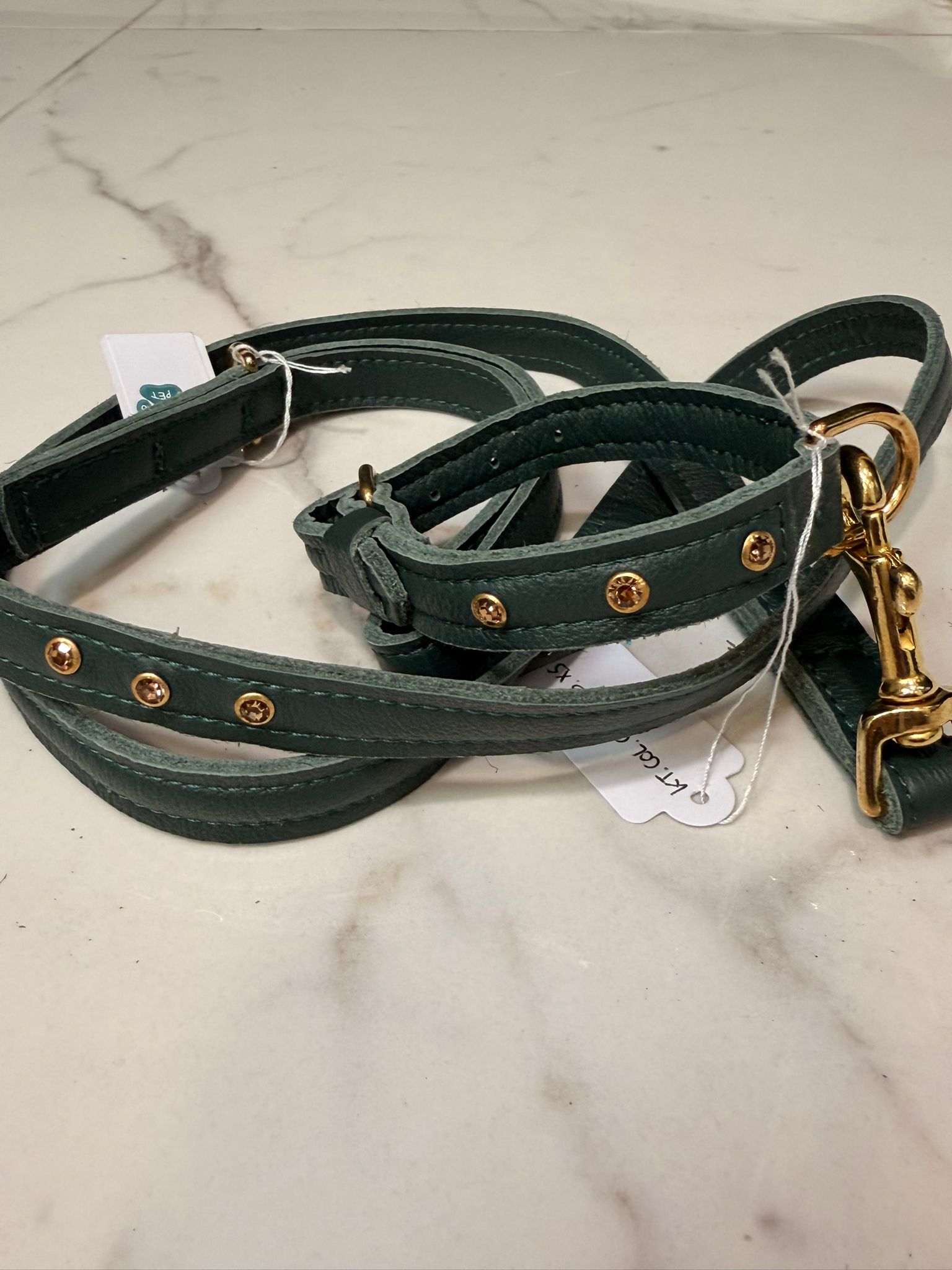 Kit Collare e Guinzaglio in pelle con cristalli topaz